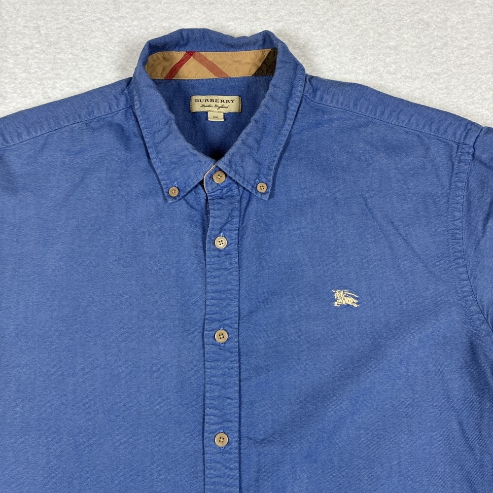 Burberry London Mens 2XL XXL Blue Short Sleeve Button Down 100% Cotton Preppy